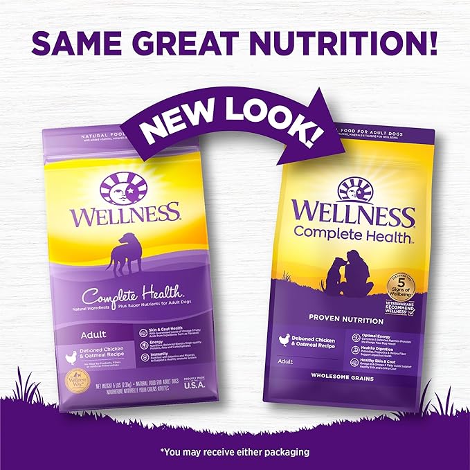 Wellness Complete Health Adult Dry Dog Food, Wholesome Grain Kibble, Natural, Chicken and Oatmeal Recipe, 26 lb Bag
