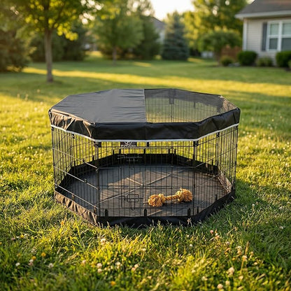 PJYuCien Dog Playpen with Top Cover and Bottom Pad - Metal Foldable Exercise Pen, 8 Panels 30" H x 24" W Indoor Outdoor Pet Fence Puppy Crate Kennel, Black
