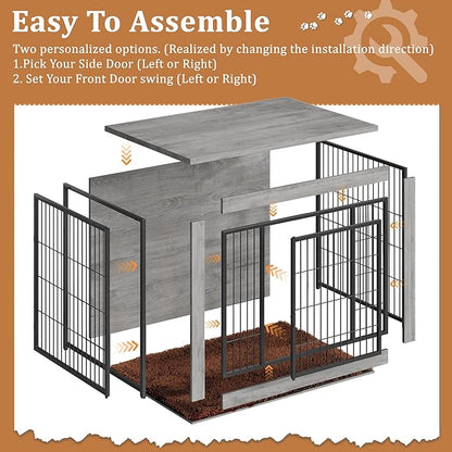 Greesum Modern Dog Crate Furniture That Doubles as a Side Table - Sturdy Wooden Kennel with Double Door Design, Equipped with Soft Cushion & Chew-Resistant Resign, Suitable for Dogs