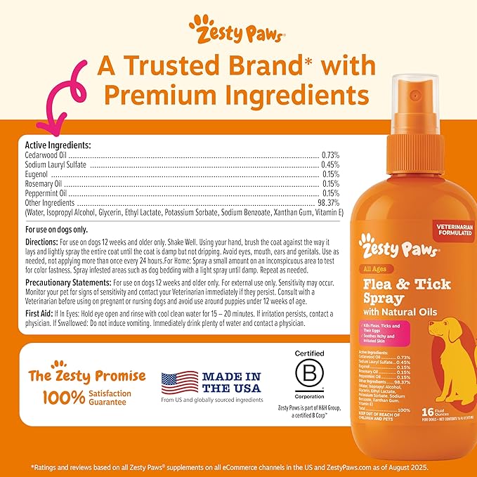 Zesty Paws Flea and Tick Spray for Dogs - Kill Fleas, Ticks & Their Eggs - Veterinarian Formulated - Soothes Itchy & Irritated Dog Skin - Cedarwood Oil, Rosemary Oil & Peppermint Oil