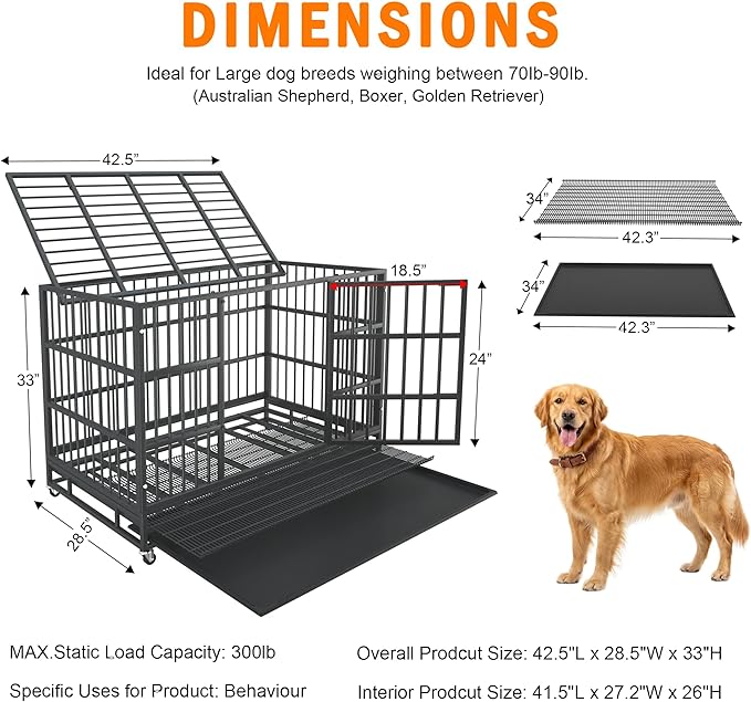 BOLDBONE 42 inch Heavy Duty Indestructible and Escape-Proof Dog Crate Cage Kennel for Large Dogs, High Anxiety Dog Crate with Removable Wire Trays and Wheels, Extra Large XL XXL, Black