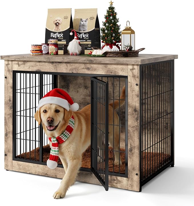 Dog Crate Furniture with Thick Cushion, Side End Table Wooden Dog Cage with Double Doors, Chew-Resistant Dog Kennel Dog House Indoor for Small to Large Dog