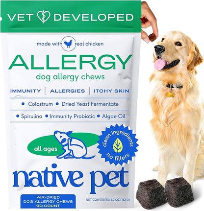 Native Pet Dog Allergy Chews - Dog Allergy Relief for Large Breeds - Supports Seasonal Itch Relief, Healthy Immune Function & Reduces Sneezing - Colostrum, Spirulina, & Probiotics - 30 Days Supply