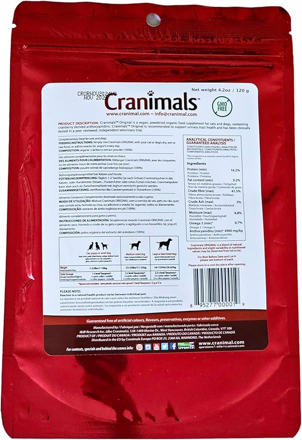 Cranimals Organic Cranberry Cat and Dog Supplement, Prevents UTIs, Incontinence and Struvite Stones, Replaces antibiotics.