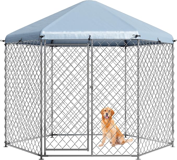 EUNHOO Outdoor Dog Kennel,6.9'L x 6.9'W x 7.5'H Metal Wire Dog Kennel for Large Dogs,Heavy Duty Dog Pen Dog Run with Roof, Fence for Dogs Outside Yard