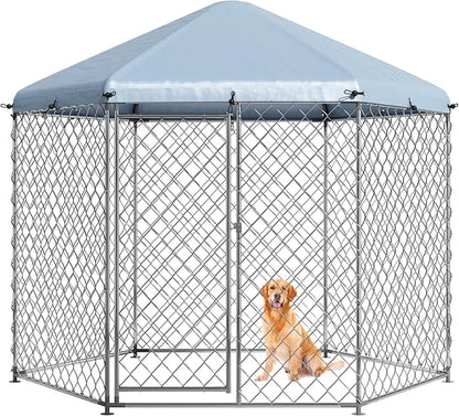 EUNHOO Outdoor Dog Kennel,6.9'L x 6.9'W x 7.5'H Metal Wire Dog Kennel for Large Dogs,Heavy Duty Dog Pen Dog Run with Roof, Fence for Dogs Outside Yard