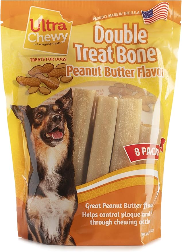 Ultra Chewy Peanut Butter Double Treat Bones: Long-Lasting Dog Treats Made in USA for Large and Small Breeds, Highly Digestible, Ideal for Aggressive Chewers (2 Value Packs)