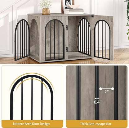 Hzuaneri 31.5'' Wooden Dog Crate Furniture, Indoor Dog Kennel Dogs Cage for Small/Medium Dogs, Heavy Duty Dog Crates Decorative Pet House End Side Table TV Stand, Greige Black DFC85105B