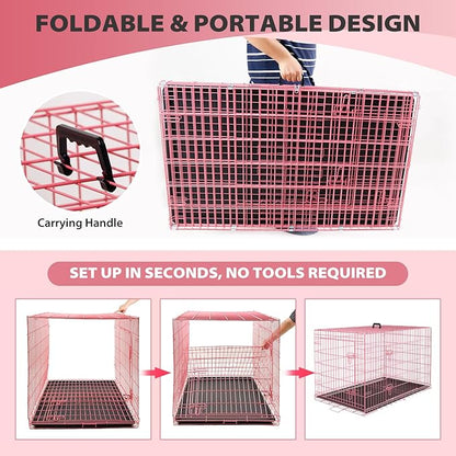 BestPet | Dog Crate | 36" | Pink | Foldable Metal Kennel with Double Doors, Secure Slide-Bolt Latches, Leakproof Tray | Portable Dog Cage for Medium Sized Breeds | for Travel, Indoor & Outdoor Use
