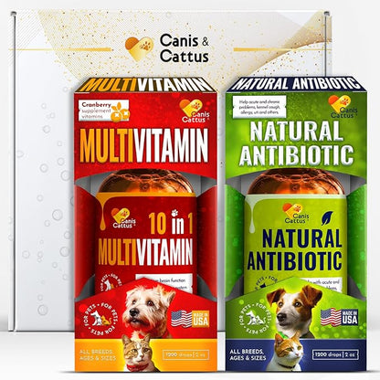 Liquid Cat & Dog Vitamins – Dog Antibiotics for All Pets – Bundle of 10 in 1 Cat & Dog Multivitamin + Antibiotic Supplement – Cough, Allergy, Sneezing, Joint Care – Vitamin C, D, B – Bottle Set x 2 oz
