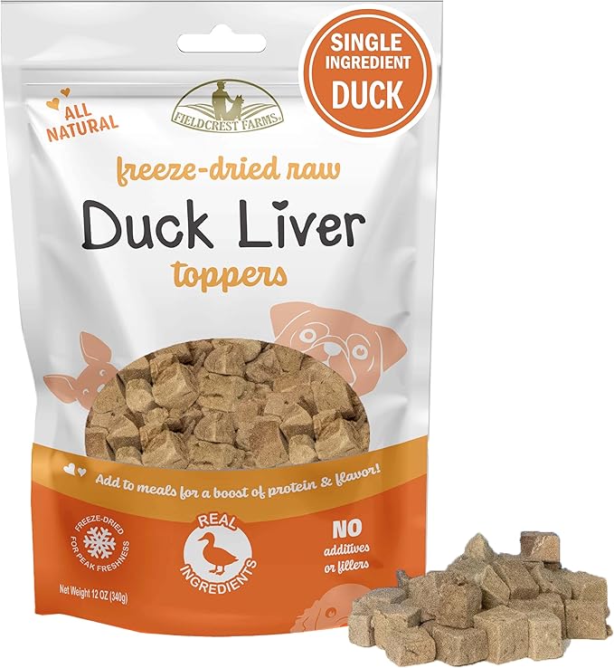 Fieldcrest Farms Freeze-Dried Duck Liver Dog Food Topper or Treat, 100% Single Ingredient Duck Liver, High-Protein, Raw & Grain-Free, 12 oz