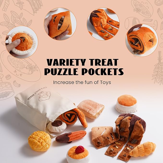 Nocciola Squeaky Bread Stuffed Dog Toys Pack - Puppy Toys with Grocery Bag to Keep Them Busy, Small Dog Toys for Boredom, Durable Snuffle Dog Toys for Small Medium Breeds Pet Gift