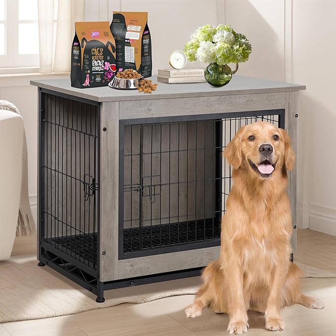 Shintenchi Wooden Dog Crate Furniture for Large Breed, L Double-Door Kennel Indoor with Removable Tray, End Table L Dog Crate for Decoration, 44.1" L, Gray