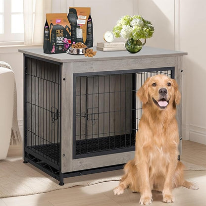 Shintenchi Wooden Dog Crate Furniture for Large Breed, L Double-Door Kennel Indoor with Removable Tray, End Table L Dog Crate for Decoration, 44.1" L, Gray
