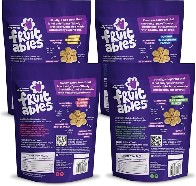 Fruitables Baked Dog Treats Variety 4 Pack (Pumpkin & Apple, Banana, Blueberry, Cranberry) - 7 oz (4 Pack)