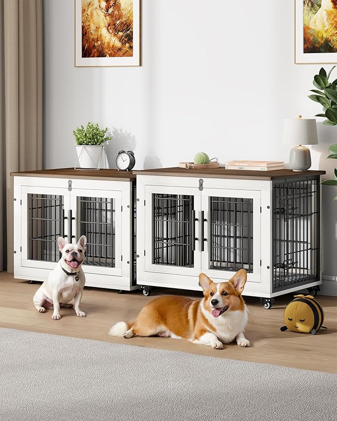 YaFiti Dog Crate Furniture with Cushion Set of 2, Wooden Dog Kennel Indoor with Double Doors, Dog Cage with Wheels, Dog House Side End Table for Small Medium Dogs up to 45 lb, 32.5" L, White