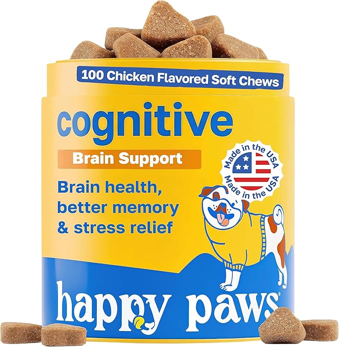 Happy Paws Cognitive Taurine Supplement for Dogs, Soft Chews with Spirulina, CoQ10 & Vitamins B1, B3, B12, Senior Dog Vitamins that Support Cognitive Function, Memory and Focus,