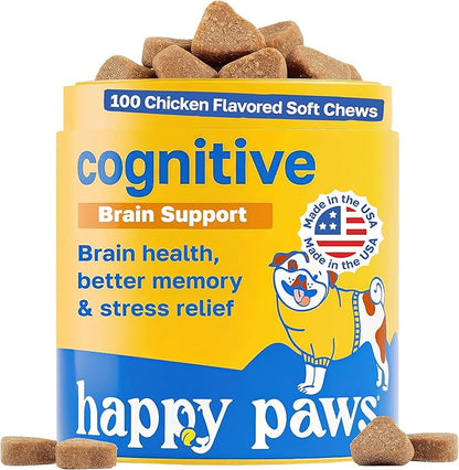 Happy Paws Cognitive Taurine Supplement for Dogs, Soft Chews with Spirulina, CoQ10 & Vitamins B1, B3, B12, Senior Dog Vitamins that Support Cognitive Function, Memory and Focus,