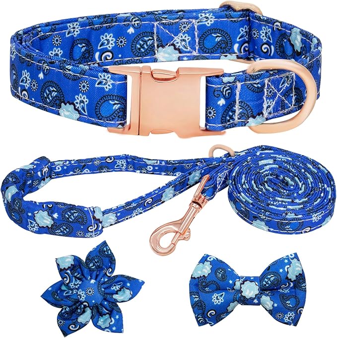 Dog Collar and Leash Set Girls Adjustable Puppy Collars with Floral Bow Tie for Small Medium Large Female Dogs, BluePaisley, S