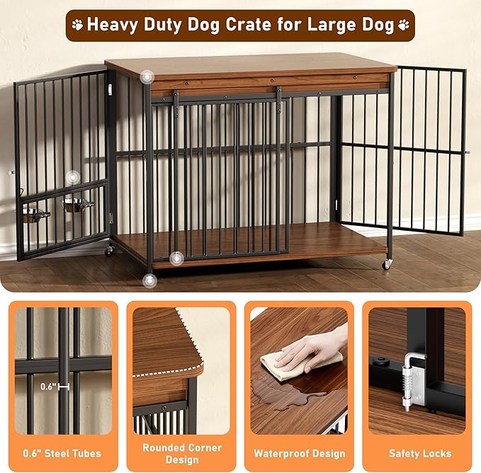 Cofiyard Dog Crate Furniture, 48’’ Wooden Dog Kennel Indoor with Sliding Front Door, Multi-Side Openings & Feeding Window Pet Cage House as TV Stand(Brown)