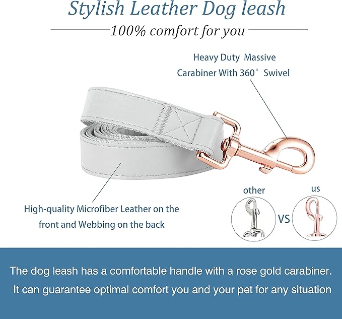 Dog Collar and Leash Set.Soft and Easy to Clean Vegan Leather with Rose Gold Metal Buckle for Small Medium Large Dogs (Grey, L(15.4”-24.8“)