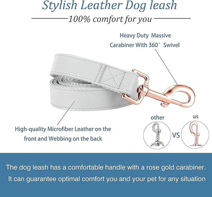 Dog Collar and Leash Set.Soft and Easy to Clean Vegan Leather with Rose Gold Metal Buckle for Small Medium Large Dogs (Grey, L(15.4”-24.8“)