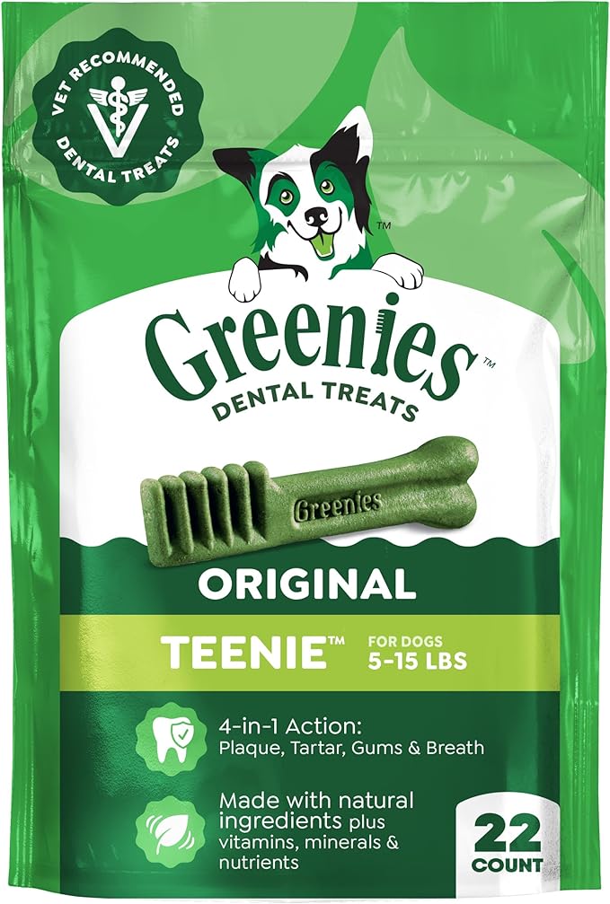 Greenies Veterinarian-Recommended Adult Natural Dental Dog Treats Teenie Size, Dog Dental Chews, Original Flavor, 6 oz. Pack, 22 Count