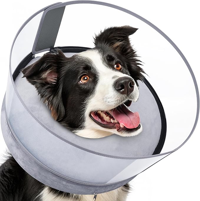BARKLESS Dog Donut Collar, 2-in-1 Inflatable Dog Collars for After Surgery to Stop Licking Wounds, Patented Protective Donut Cone with Higher Shield for Large Pets (Grey, L-Long)