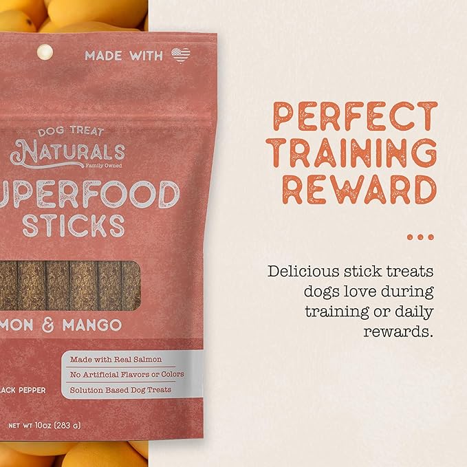 Dog Treat Naturals Superfood Sticks, Salmon & Mango, 10oz Bag | Dog Chew Sticks | All-Natural, Pet Training Treats | Joint-Skin-Coat Health | USA Made