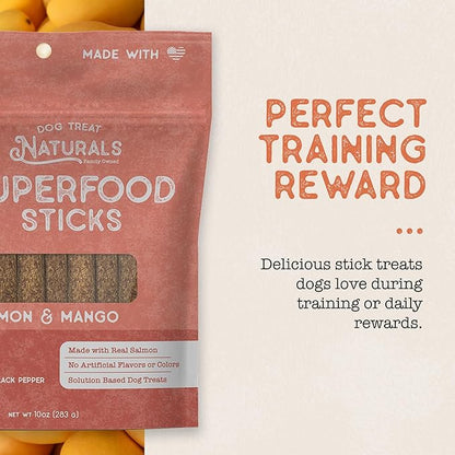 Dog Treat Naturals Superfood Sticks, Salmon & Mango, 10oz Bag | Dog Chew Sticks | All-Natural, Pet Training Treats | Joint-Skin-Coat Health | USA Made
