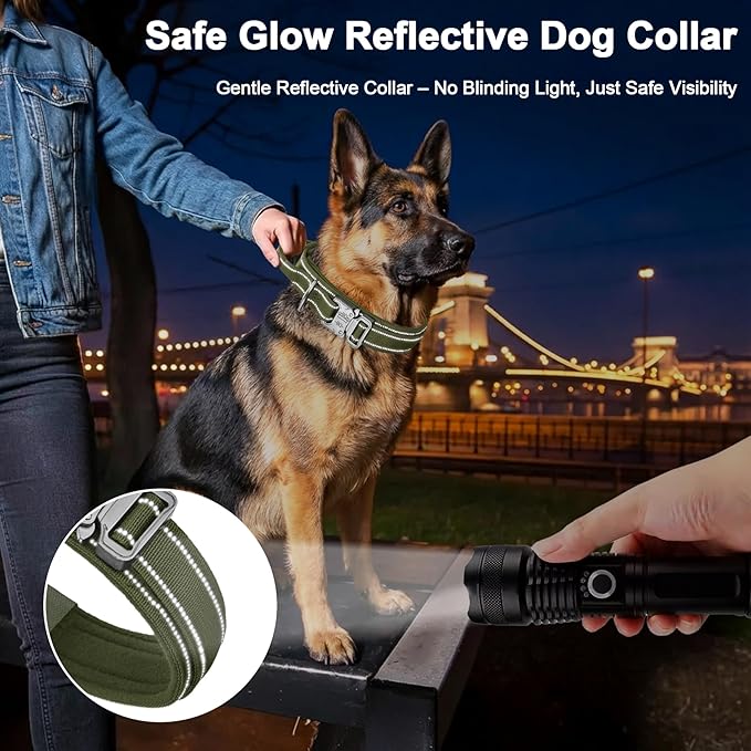 KCUCOP Tactical Dog Collar for Medium & Large Dogs - Military Nylon Heavy Duty Collar with Handle, Reflective Strip & Metal Buckle for Training, Outdoor (Green Reflective, XLarge)