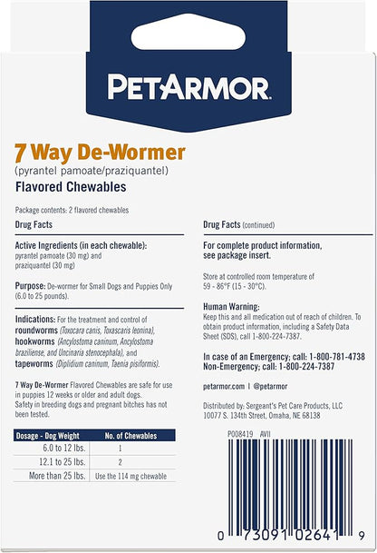 PetArmor 7 Way De-Wormer for Dogs, Oral Treatment for Tapeworm, Roundworm & Hookworm, Small Dog Dewormer (6-25 lbs) with Praziquantel & Pyrantel Pamoate, 6 Flavored Chewables