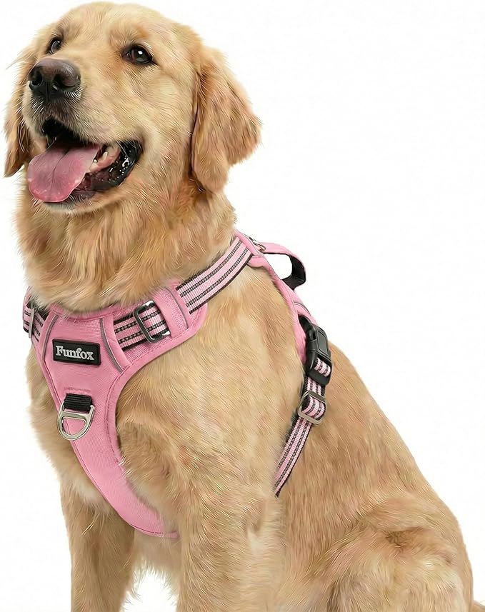 Funfox Dog Harness No Pull, Adjustable Pet Vest Harness, Super Soft Material with Vertical Handle Easy Control, Reflective Night Walking, 2 Leash Clips for Large Dogs, Pink, L