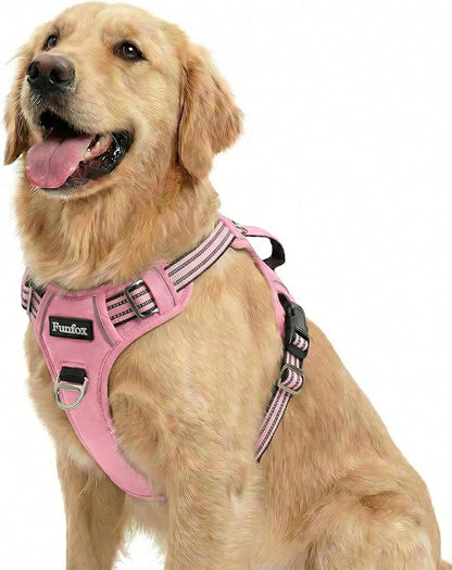 Funfox Dog Harness No Pull, Adjustable Pet Vest Harness, Super Soft Material with Vertical Handle Easy Control, Reflective Night Walking, 2 Leash Clips for Large Dogs, Pink, L