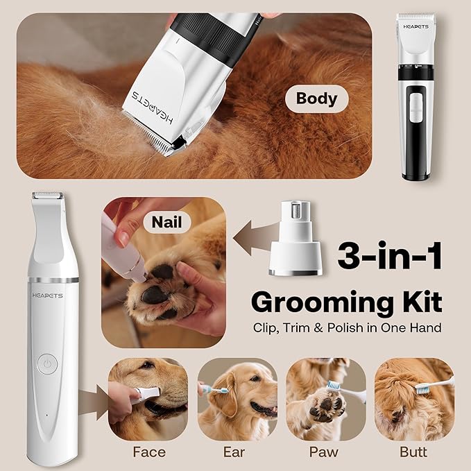 HEAPETS Dog Hair Clippers for Grooming Kit and Dog Paw Trimmer Nail Grinder for Grooming, Low Noise Rechargeable Cordless, Shaver Grooming Supplies for Pet Cats Dogs (White, White)