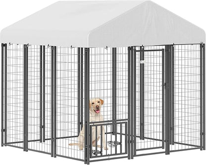 PawHut Outdoor Dog Kennel with Roof, 6' x 6' x 6' Heavy Duty Welded Wire Dog Playpen Enclosure with Escape-Proof Lock, Adjustable Bowls, UV-Resistant & Waterproof Cover, for S&M&L Breeds, Silver