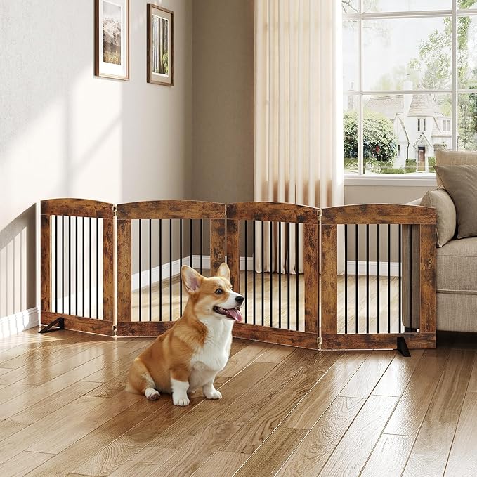 HOOBRO Indoor Dog Gate with Support Feet, 24 Inch 4 Panels, Freestanding Pet Gate for Doorway, Stairs, Folding Dog Fence, 360° Hinge for Easy Access, Sturdy Iron Pipe, Rustic Brown BF54PP03