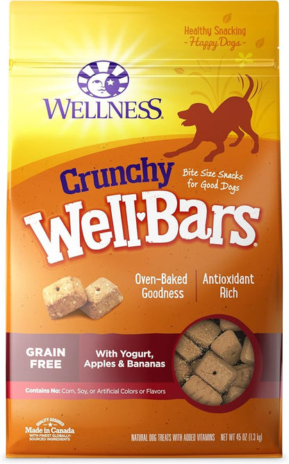 Wellness WellBars Dog Treats, Natural, Training Treat, Grain Free, Crunchy Yogurt, Apples & Banana (45 Ounce Bag)