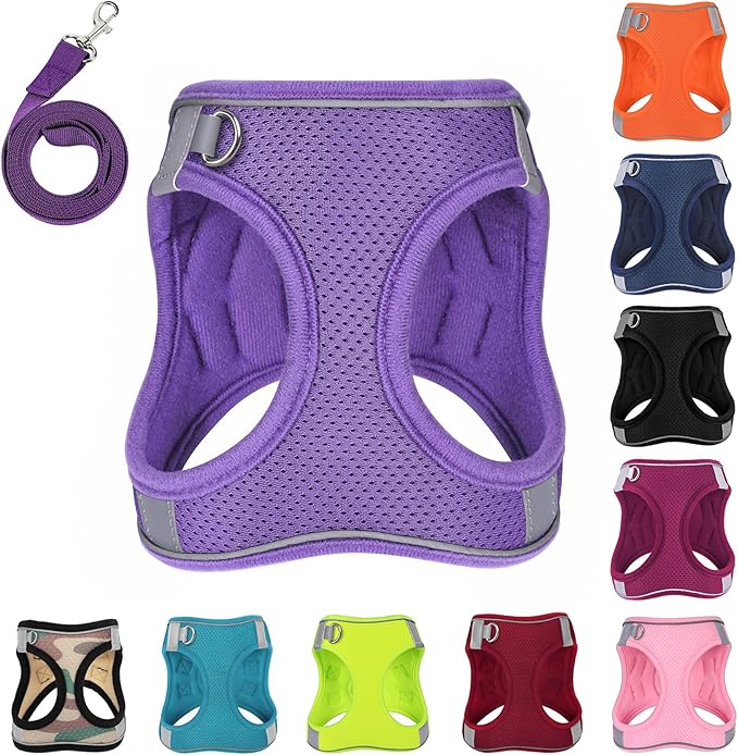 Dog Harness with Leash Set, No-Pull Step-in Reflective Pet Harness with 1 Leash Clips, Adjustable Soft Padded Easy Walk Dog Vest for Small Medium Large Dogs, Cats(Light Purple, XXSmall)