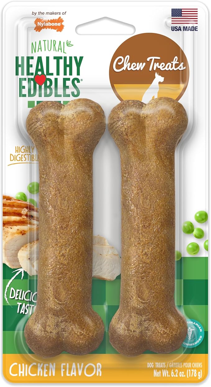 Nylabone Healthy Edibles Natural Dog Chews Long Lasting Chicken Flavor Treats for Dogs, Medium/Wolf (2 Count)