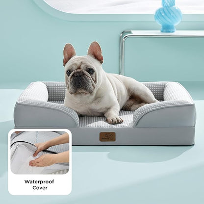 Bedsure Cooling Dog Bed Medium Size Dogs - Orthopedic Medium Dog Cat Cooling Bed Washable, Pet Couch Sofa with Waterproof Removable Cover, Pets Bed with Nonskid Bottom, Cooling Grey, 28"