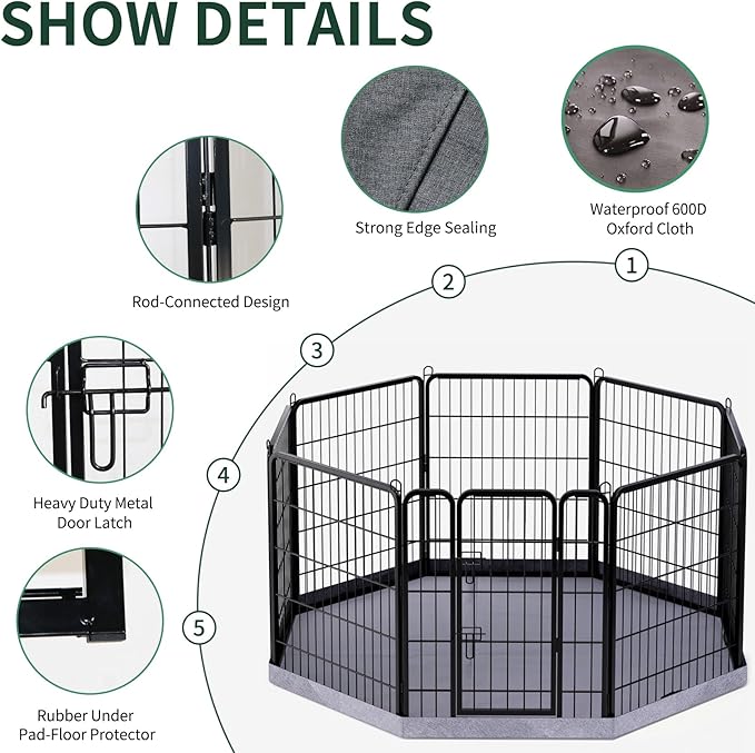 PETIME Dog Playpen,Metal Exercise Puppy Pen Heavy Duty Kennels Yard Fence Indoor/Outdoor 27" W x 32" H 8 Panels Dog Cage with Octagon Bottom Pad