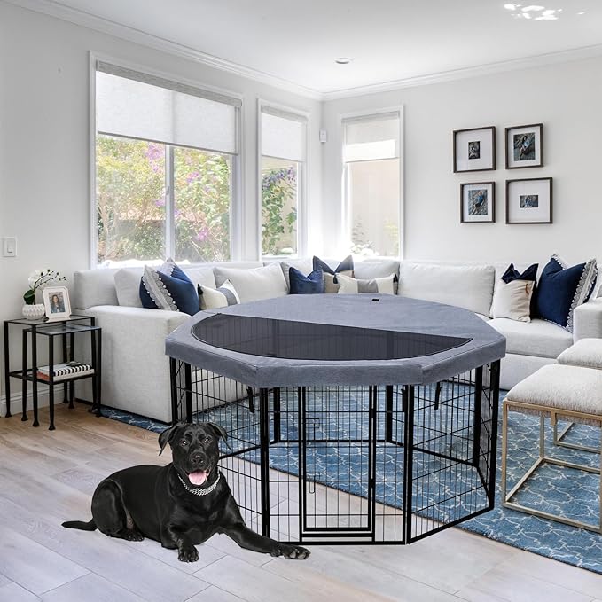 PETIME Dog Playpen,Metal Exercise Puppy Pen Heavy Duty Kennels Yard Fence Indoor/Outdoor 27" W x 32" H 8 Panels Dog Cage with Octagon Top Cover