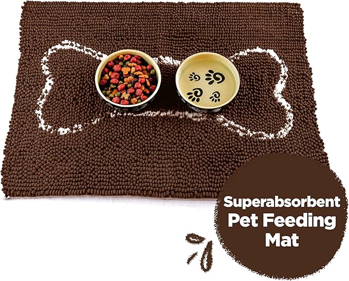 Soggy Doggy Slopmat Dog Food Mat – Absorbent Microfiber Chenille Pet Feeding Mat for Food & Water Bowls, Muddy Paws Small Doormat, Non-Slip, Machine Washable Rug – Chocolate/Oatmeal Bone, 18” x 24”