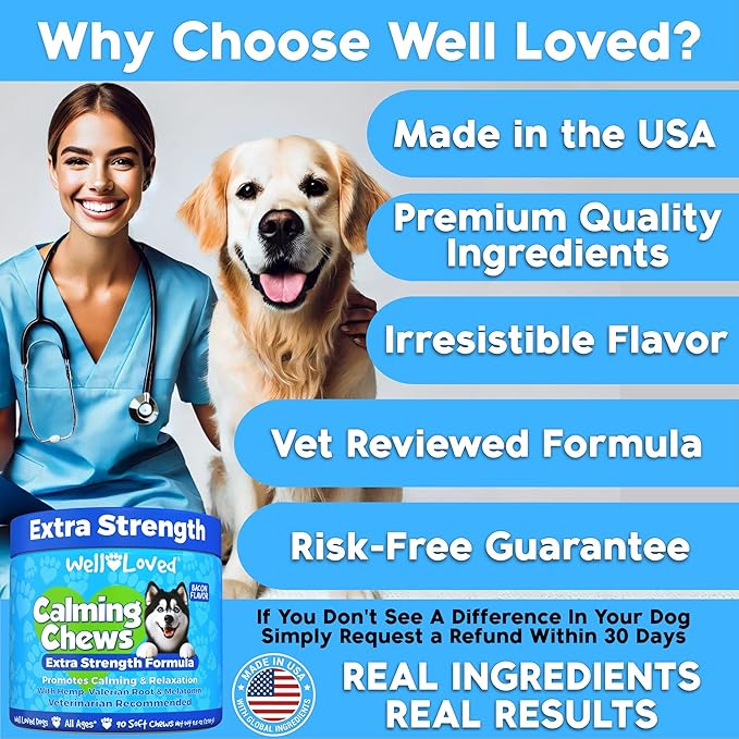Well Loved Calming Chews for Dogs - Dog Calm Treats, Made in USA, Vet Recommended, Behavior Support with Melatonin & Hemp, Stress, Separation, Fireworks, Travel, Extra Strength