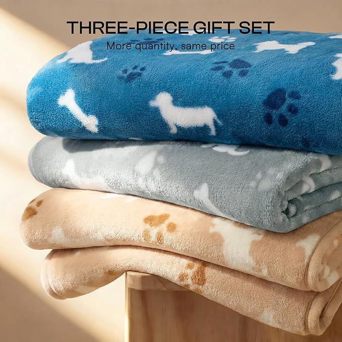 Luciphia 1 Pack 3 Dog Printed Fleece Pet Blankets Washable，Soft Warm Throw Covers for Crate Couch Bed，Cozy Puppy Essentials for Dogs and Cats， Blue/Grey/Khaki, Small (23x16 inch)