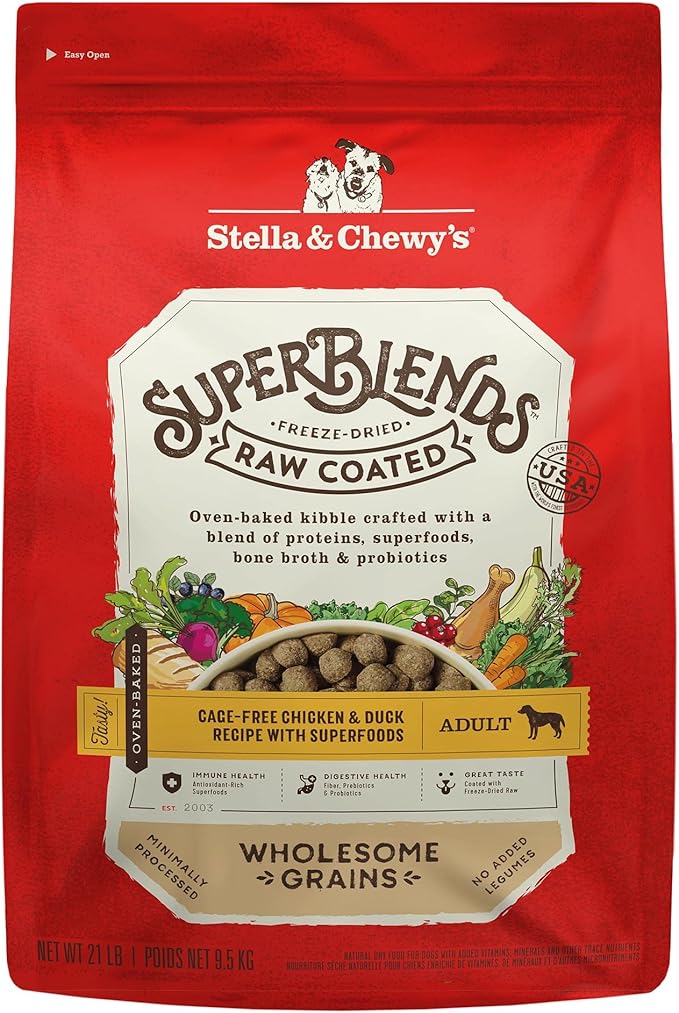 Stella & Chewy's SuperBlends Raw Coated Wholesome Grains Cage-Free Chicken & Duck Recipe with Superfoods, 21 lb. Bag