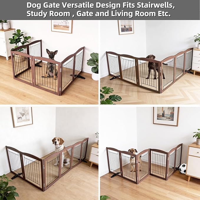 ZJSF Freestanding Dog Fence Indoor, Foldable Dog Gate for Doorways, Stairs or Hallways, Sturdy Wood Extra Wide Pet Gate with Support Feet for The House, Brown, 32 "Height-6 Panels