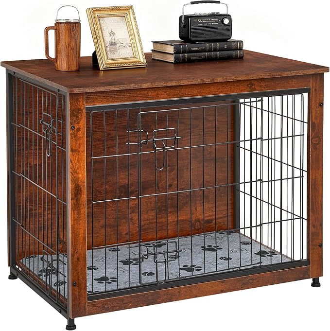 SHAWKEN Wooden & Metal Medium Dog Crate Furniture Indoor with Soft Cushion, Double-Door Dog House, 31.5" L Dog Kennel (Rustic Brown, Medium)