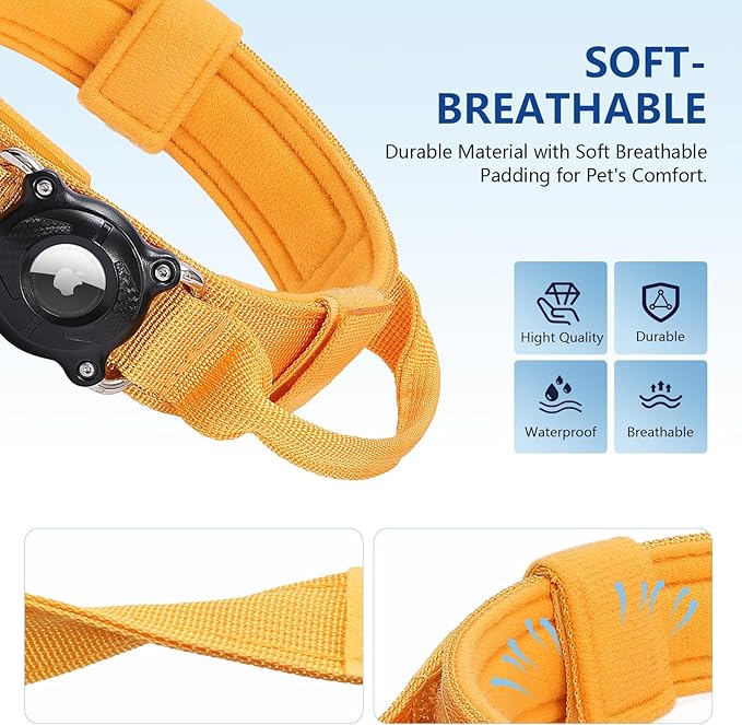 QR Code & AirTag Tactical Dog Collar - Military Grade Adjustable Reflective Collar with Control Handle, for Large Medium Dogs, Durable Nylon Metal Buckle (Yellow-L)